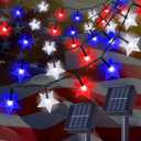 2 Pack Solar Powered Outdoor Patriotic Star String Lights, 100 LED 33 FT Each July 4th Decorative Lights, 8 Lighting Modes, Waterproof for Independence Day Party Patio Garden Decor, Red White & Blue
