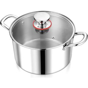 P&P CHEF 6 Quart Tri-Ply Stainless Steel Stock Pot, 6 Qt Stockpot Pasta Cooking Pot with Visible Lid for Soup Vegetable, Induction Cookware for All Stoves, Sturdy & Double Handle, Dishwasher Safe