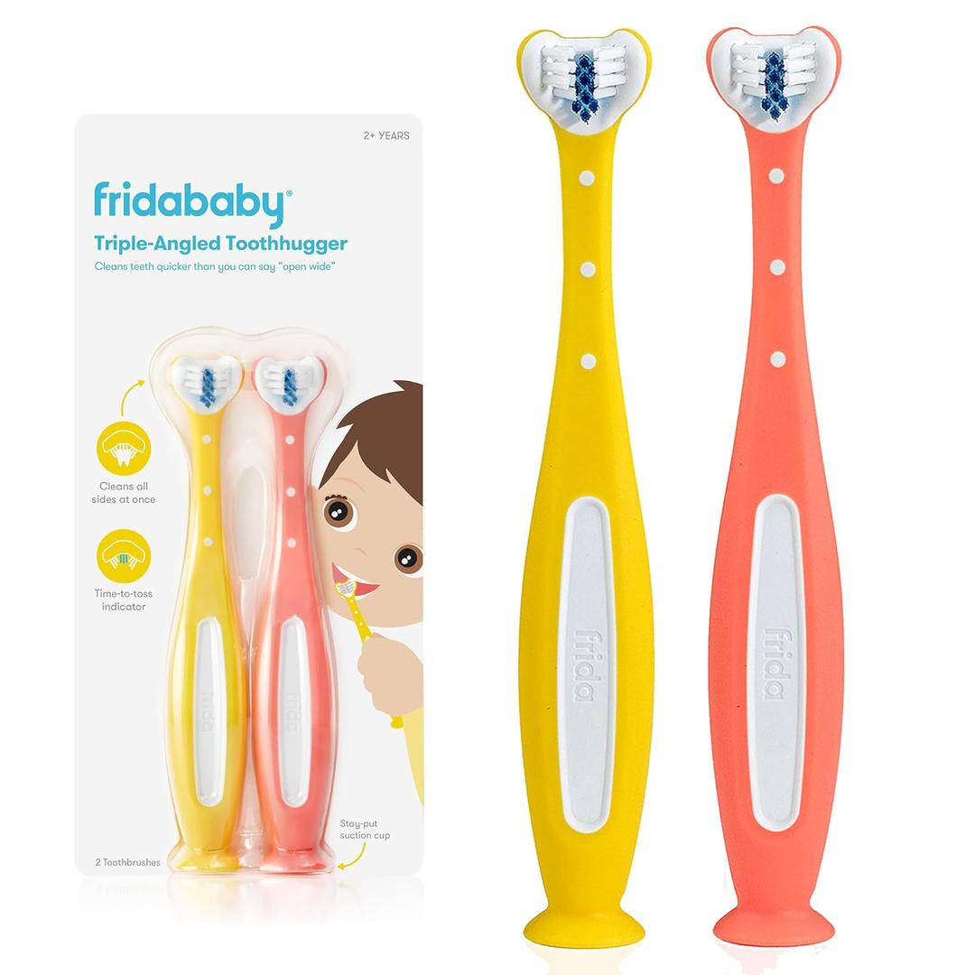 Frida Baby Triple-Angle Toothhugger Training Toddler Toothbrush | Toddler Toothbrush 2 Years and Up, Cleans All Sides at Once | 2 Pack (Yellow + Pink) Frida Baby Triple-Angle Toothhugger Training Toddler Toothbrush | Toddler Toothbrush 2 Years and Up, Cleans All Sides at Once | 2 Pack (Yellow + Pink)