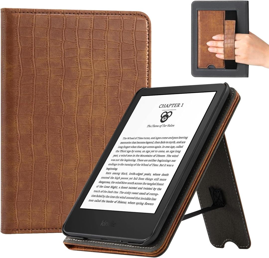 CoBak Case for 6" E-Reader - PU Leather Smart Cover with Auto Sleep/Wake & Hand Strap, not Compatible with Kobo Clara,Croco Brown