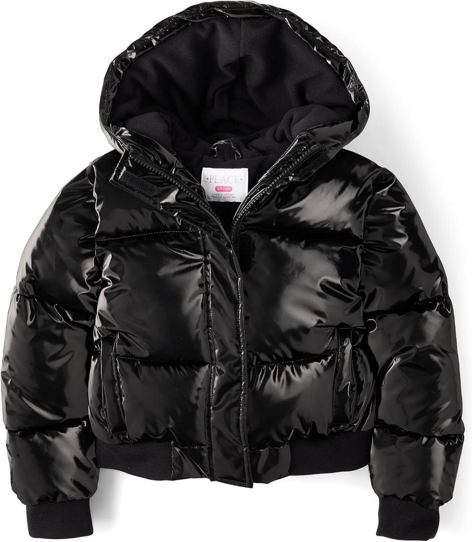 The Children's Place Girls' Water and Wind Resistant Hooded Zip Front Bomber Puffer Jacket (Black, S)