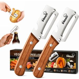 2-in-1 Multifunctional Vegetable Peeler with Bottle Opener, Wide Stainless Steel Blade and Non-Slip Wooden Handle, Kitchen Peeler for Potato, Apple, Pumpkin, Fruit and Vegetables 2pcs