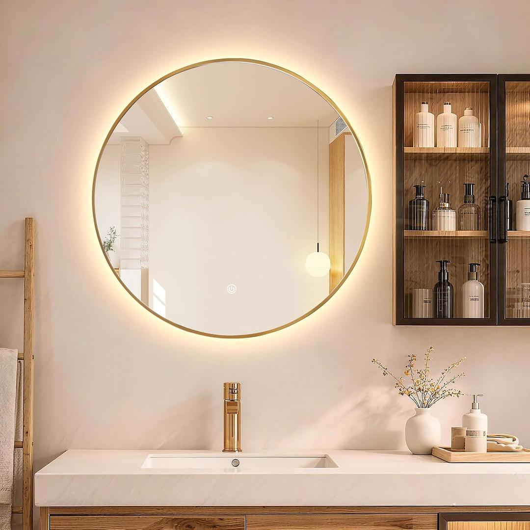 Niccy Round LED Bathroom Mirrors, Gold Framed Backlit Vanity Mirror, 28"