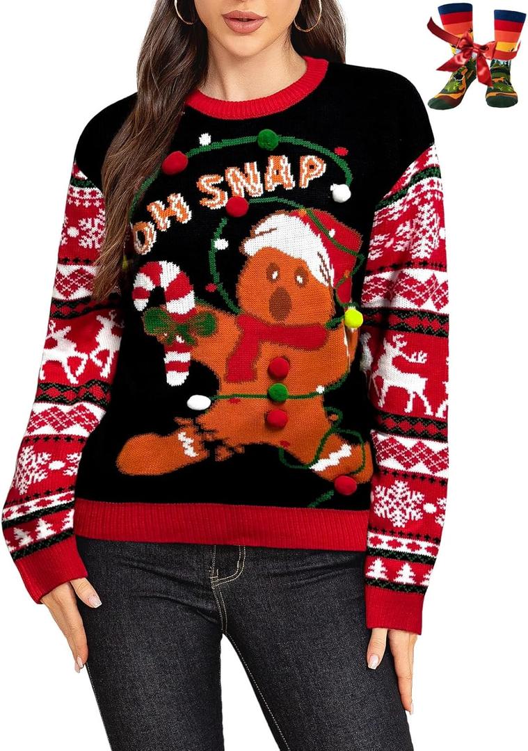 Ugly Christmas Sweater for Women Funny Crewneck Knit Christmas Sweater for Family Pullover Long Sleeve Top (Black)