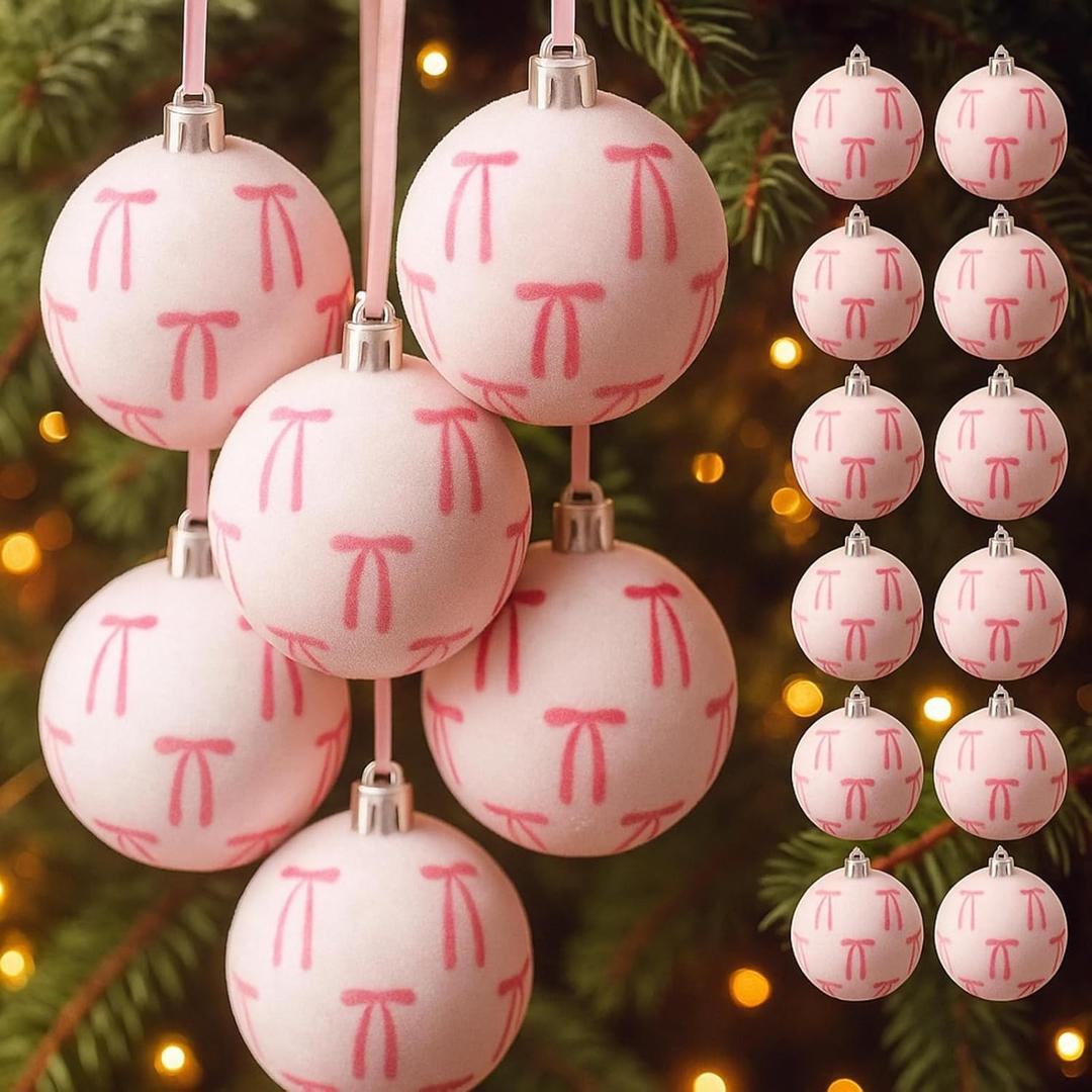 12 Pack Velvet Christmas Ball Ornaments 60mm/ 2.36'' Bow Christmas Tree Decorations Xmas Ornaments for Tree Home Coquette Room Birthday Party Front Door Wedding Holiday Decor (Pink)