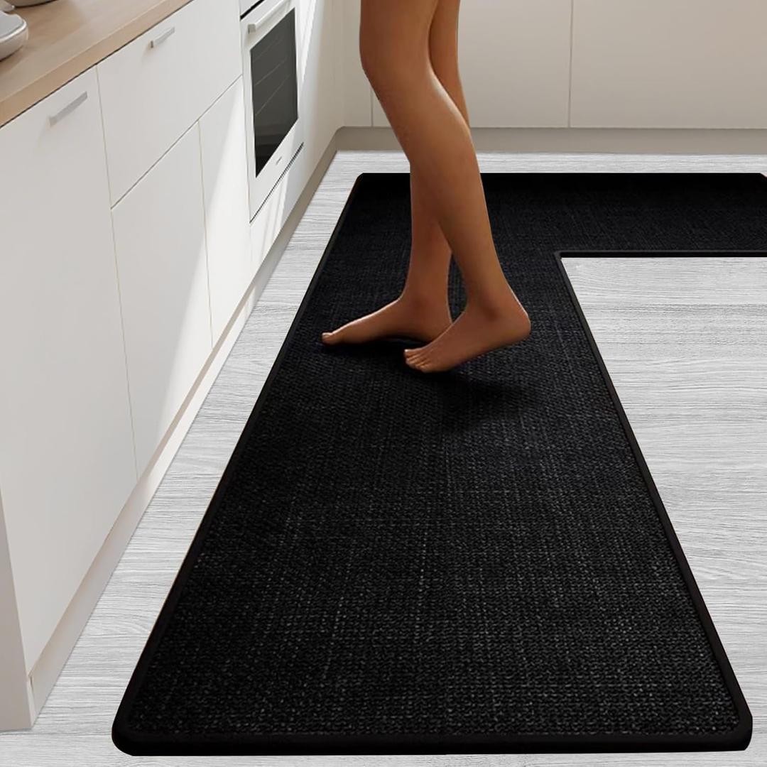 Anti-Slip Corner Kitchen Rug, 1 Piece L-Shaped Floor Mats,Super Absorption Linen Corner Mat for Home,Kitchen (Black Left-L, 39''X59''X18'')