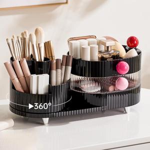 Makeup Organizer Countertop for Vanity with 360 Rotating Brush Holder, 3 Layer Cosmetic and Jewelry Storage, Makeup Display Case for Skincare&Perfume, Black