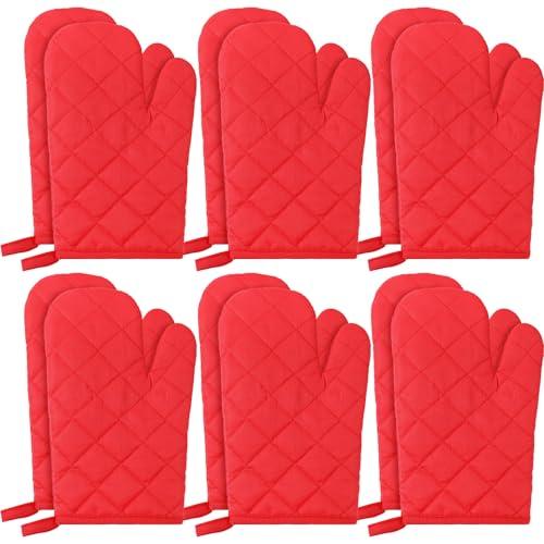 6 Pairs Heat Resistant Oven Mitts Kitchen Oven Gloves 11 Inch Long Quilted Cotton Polyester Kitchen Gloves for Cooking, Baking, Grilling BBQ (Red)