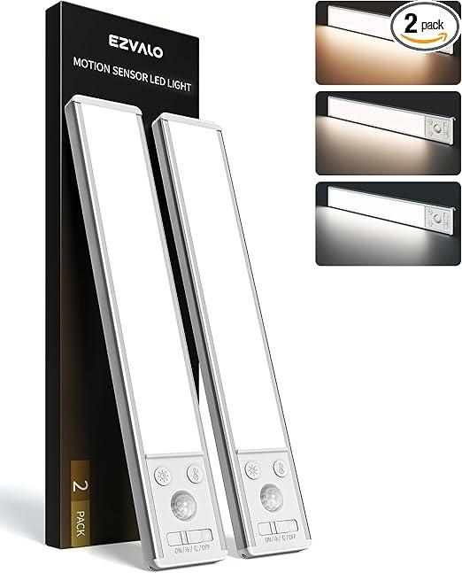 EZVALO 10inch Under Cabinet Lighting, Rechargeable Motion Sensor Light Indoor with 3 Color Temperatures, Dimmable & Magnetic Closet Lights, Wireless Under Counter Lights for Kitchen, Stairs (2 Pack)