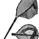 Rubber Coated Fishing Landing Net with Telescoping Handle, Foldable, Black