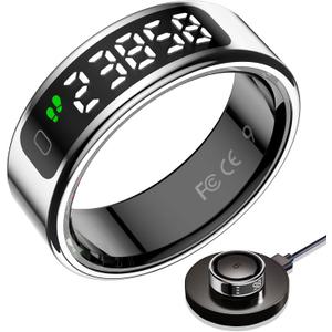 Smart Ring with LED Display Screen,Sleep&Fitness Tracking Wearable for Women/Men,Accurate Monitoring of Pedometer, Heart Rate,Blood Oxygen (R11, Silver, 9)