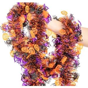 33FT Halloween Tinsel Garland, Black Purple Orange Metallic Twist Foil Tinsel Garland with Pumpkin Spider Bat Ornaments Hanging Garland for Halloween Party Indoor Outdoor Decoration