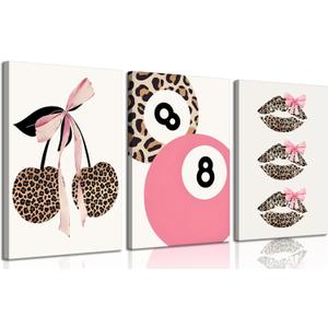 Trendy Pink Leopard Bow Canvas Wall Art Set of 3 Funky Cherry Lucky 8 Ball Posters Prints Cute Coquette Preppy Room Aesthetic Wall Decor Pictures for Girls Bedroom Apartment Dorm 16x24in, 24L" x 16W"canvas