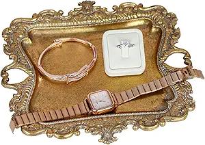 Funly mee Antique Trinket Dish Vintage Metal Jewelry Tray, Wedding Ring & Necklace Holder 8 x 7 inches (Gold, M)