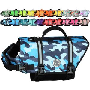 VIVAGLORY Dog Life Vest Rip Stop Dog Swim Vest, L, Camo Blue | High Visibility Ripstop for Puppy Cat Doggy, Life Jacket with Handle & Leash Ring for Boating & Swimming, L