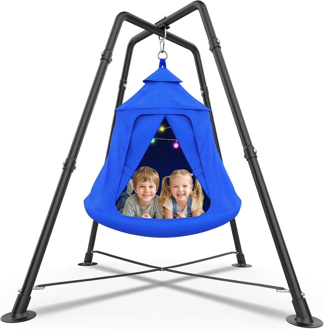 Tent Swing Set for Kids, Hammock Chair with X-Shaped Stand, 330 lbs | 32mm Steel Frame, 900D Oxford Fabric, with LED Lights, Indoor Outdoor Use, Blue