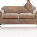 PrinceDeco Couch Cover Velvet Plush Sofa Covers for 2 Cushion Couch Width Up to 90 Inch Washable Furniture Protector Pet Friendly No Slip Sofa Slipcover (Medium-Large, Camel)