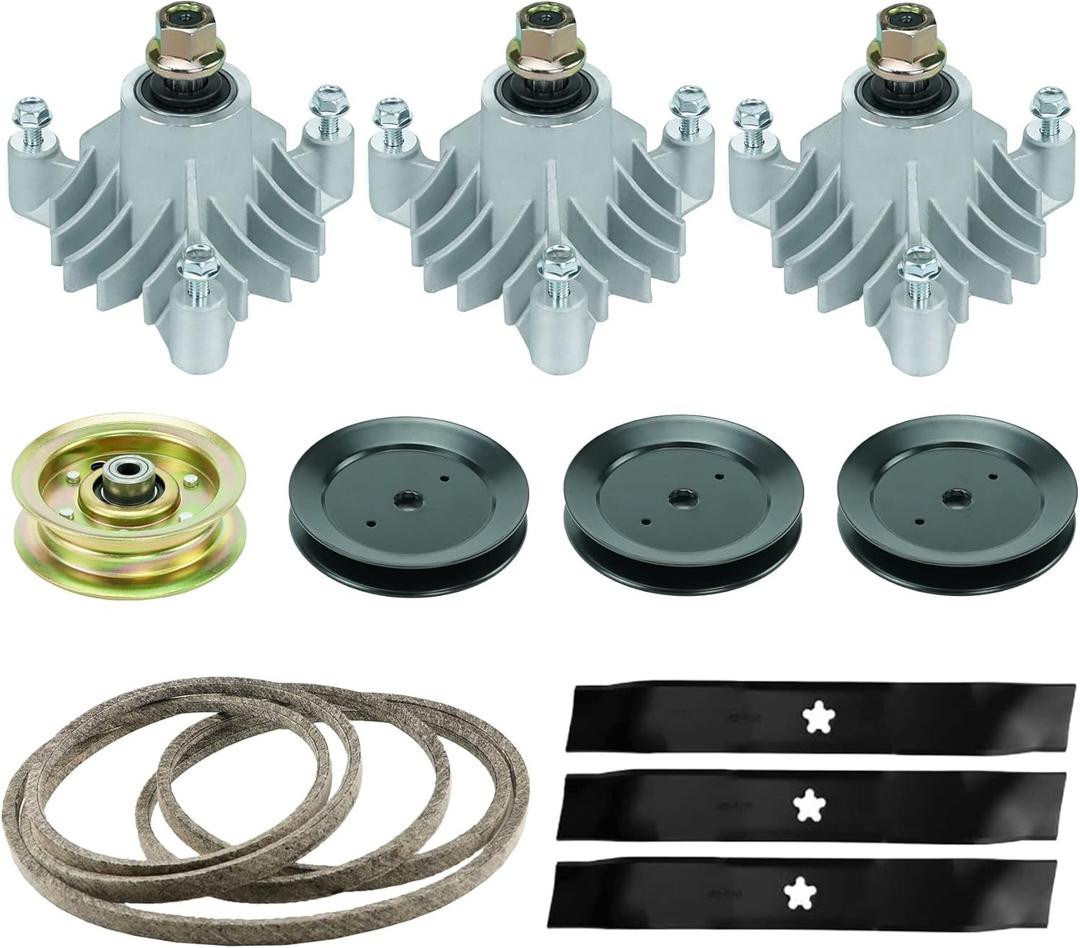 46 Lawn Mower Deck Rebuild Kit Compatible with YTH1746 YTH2046 GTH250,143651 532137152, 3 Spindle Assemblies + 3 Flat Pulleys + 3 Blades + 1 Idlers + 1 Belt (Length 95 1/2" Width 1/2")