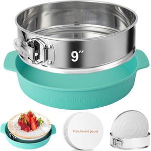 9 Inch Springform Pan - 304 Stainless Steel Nonstick Springform Cake Pan with Removable Bottom, 10 Inch Silicone Leakproof Cheesecake Pan Protector with Parchment Paper