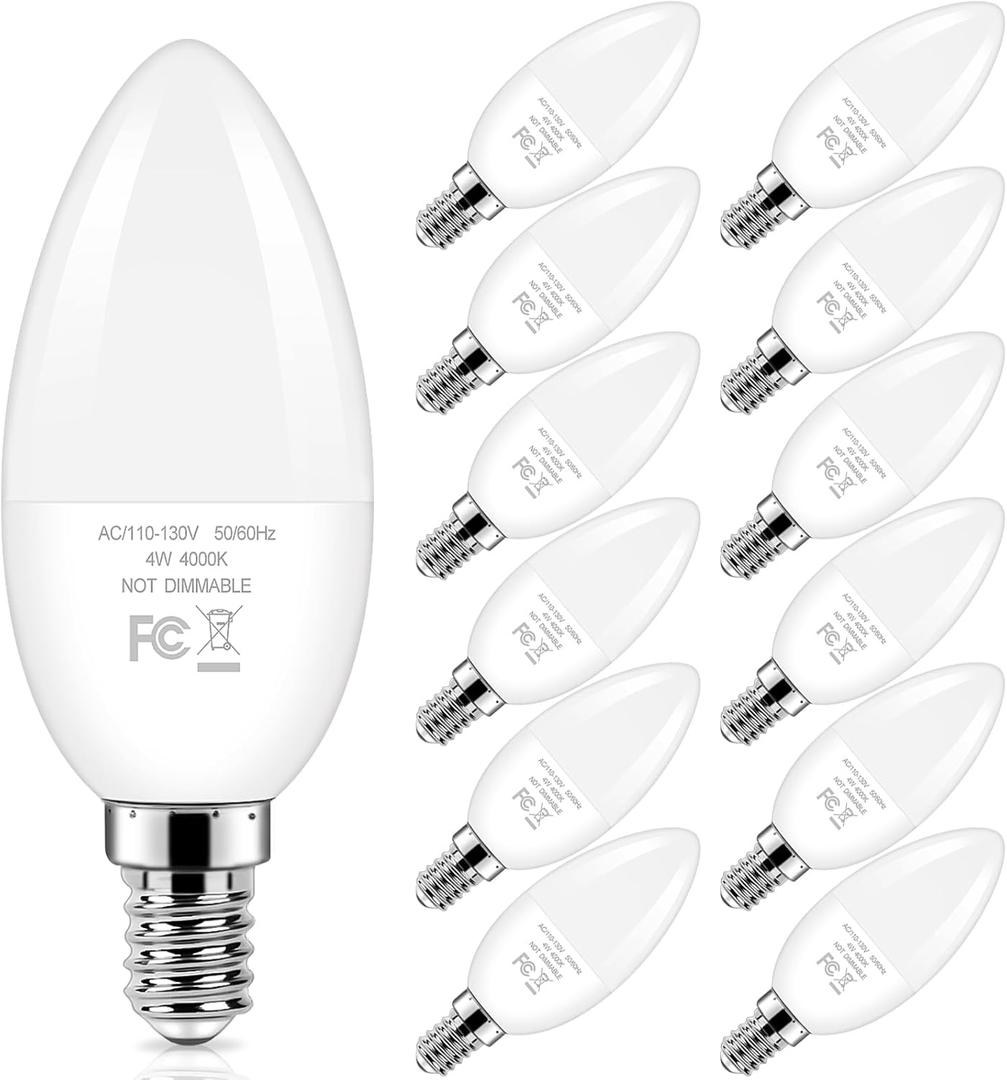 Brightever E12 Candelabra LED Light Bulbs 40W Equivalent, 4W Small Candle Light Bulbs Neutral Light 4000K, Type B Ceiling Fan Lightbulbs for Chandelier, Table Lamps, Non-Dimmable, Pack of 12 (4000k Natural White)