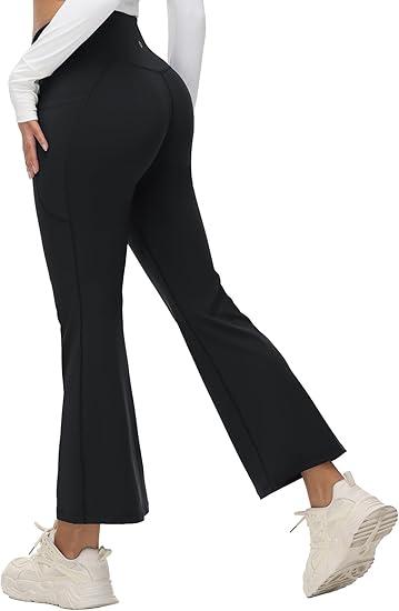 baleaf Women's Petite Flare Leggings Tummy Control Crossover High Waisted Yoga Pants with Pockets Work Casual 27" L