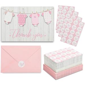 Pipilo Press Thank You Cards Baby Shower - 60 Pack, 4 x 6 In, Pink Clothesline - Blank Interior & Stickers - Bulk Baby Girl Thank You Cards with Envelopes