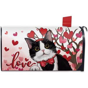 2 x Valentines Day Tuxedo Cat Mailbox Cover Magnetic Standard Size 20.5" x 18", Love Heart Tree Decorative Post Letter Box Wrap Decor, Wedding Garden Yard Outdoor Decoration Pet Lover Gift