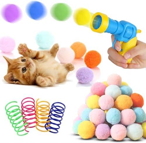 BaiKevin Low Noise Interactive Cat Ball Launcher Gun, 1 Noise-Reduced Launcher (New Upgraded), 20 Pcs Colorful Silent Plush Pom Pom Balls (1.2 inches), with 4 Pcs Cat Spring Toy