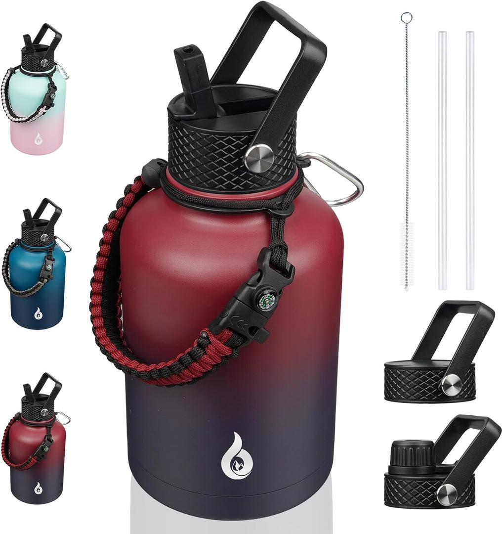 BJPKPK Insulated Water Bottles with Straw Lid, 50oz Large Water Bottle with 3 Lids and Paracord Strap, Stainless Steel Metal Water Bottle, Insulated Water Jug, Charming Red