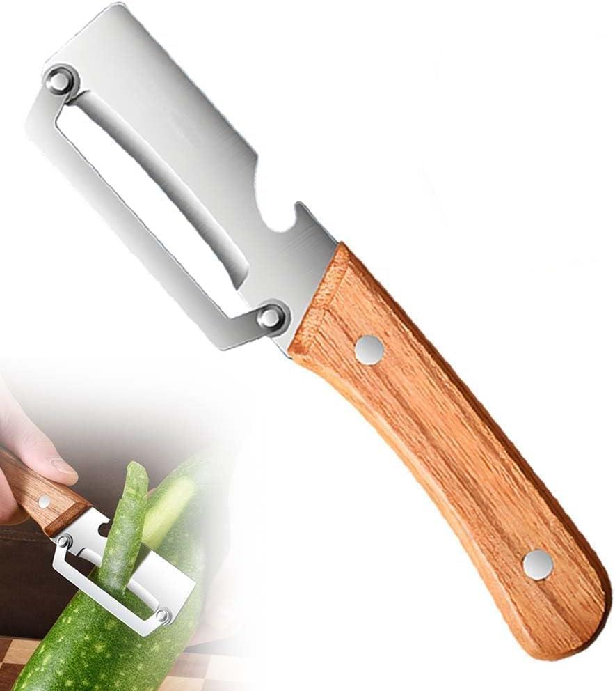 2 x Multi Functional Premium Vegetable Peeler with Wooden Handle and Bottle Opener Stainless Steel Blade Kitchen Tool for Fruit Potato Pumpkin Papaya