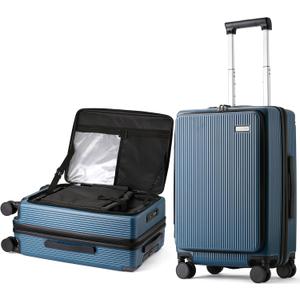 BISON DENIM Carry On Luggage Expandable PC Hard Shell Suitcase with Spinner Wheels and Cup Holder, TSA-approved Lock and USB Port 20-Inch (Blue)