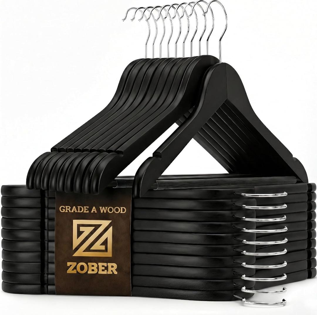 ZOBER Black Wooden Hangers - Heavy Duty, Non Slip Wood Hangers for Coats, Jackets, Suits, & Pants - Coat Hangers for Closet W/Bar and Notches 20 Pack