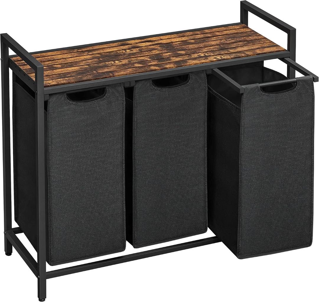 VASAGLE Laundry Hamper, Laundry Basket, Laundry Sorter with 3 Pull-Out and Removable Bags, Shelf, Metal Frame, 3 x 10.6 Gallons (40 L), 36.4 x 13 x 28.4 Inches, Ink Black and Rustic Brown UBLH301B01, 3 Bags - 120 L