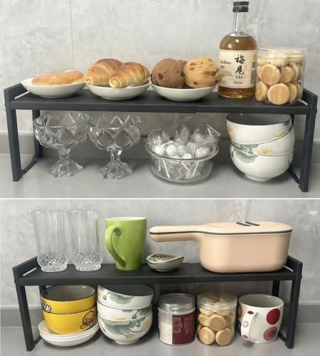 Urhomey plus 2 Pack Expandable Cabinet Shelf Organizer 16-26" L Stackable Kitchen Counter Shelves Rack Stand Sink Riser Countertop Storage Black (Narrow 5.1”D)