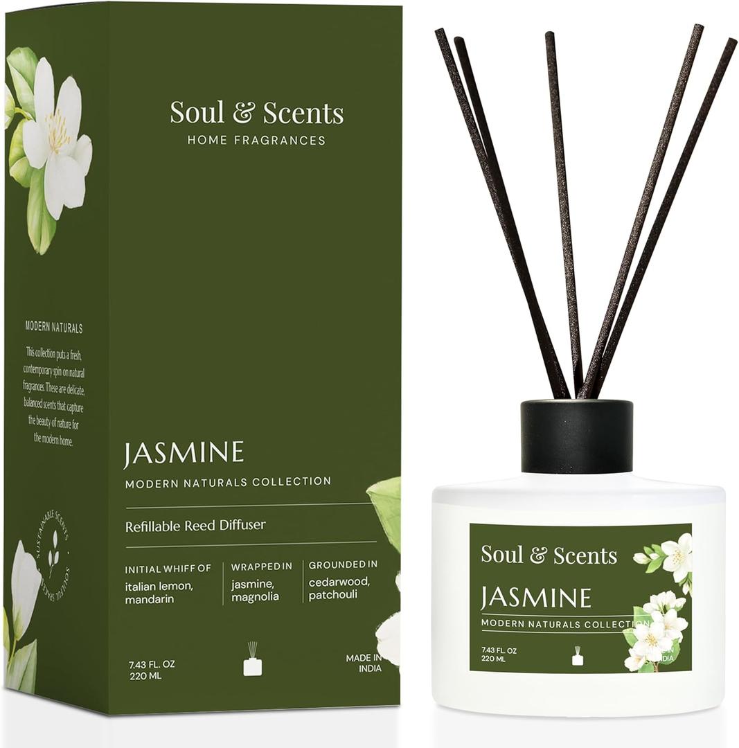 Soul & Scents Reed Diffuser Set Jasmine | 7.43 oz Refillable Scented Oil with 6 Fiber Sticks | Long-Lasting Home Fragrance & Air Freshener for Bedroom, Bathroom, Office | Gift & Dcor Piece