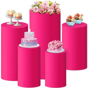 Set of 5 Cylinder Pedestal Stand Covers Spandex Cylinder Cover Plinth Dessert Table Display Pillar for Party Birthday Wedding Baby Shower Decor, Without Stands(Fuchsia)