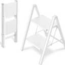 2 Step Ladder Folding Step Stool, OOSOFITT 330 Lbs Load Heavy Duty Stepping Stool for Adults, Small Two Step Ladder for Kitchen/Closet/Home Foldable, Lightweight Indoor Ladders with Wide Pedal White