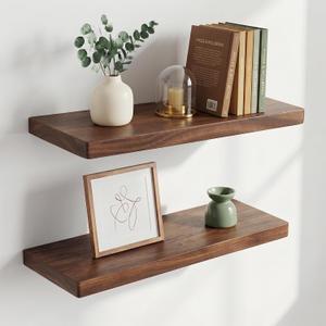 24 Inch Floating Shelves, Solid Wood Wall Shelves, 8 Inch Deep Floating Shelf for Bathroom, Bedroom, Living Room, Kitchen, Home Decor & Storage, Heavy-Duty Wooden Shelf Wall-Mounted, Set of 2
