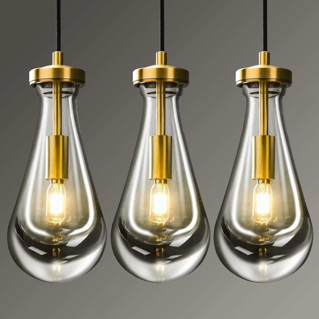 Raindrop Pendant Lights Fixtures for Kitchen Island Set of 3, Gold Hanging Light Fixtures Clear Solid Brass Glass Pendant Light Modern Chandeliers for Stairway,Dining Living Room,Included E12 Bulb