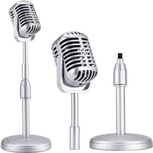 Facmogu Vintage Desktop Microphone Prop Model with Adjustable Stand, Classic Retro Style Microphone Prop Decor for Party Decoration Costume Role Play & Game Night - Silver