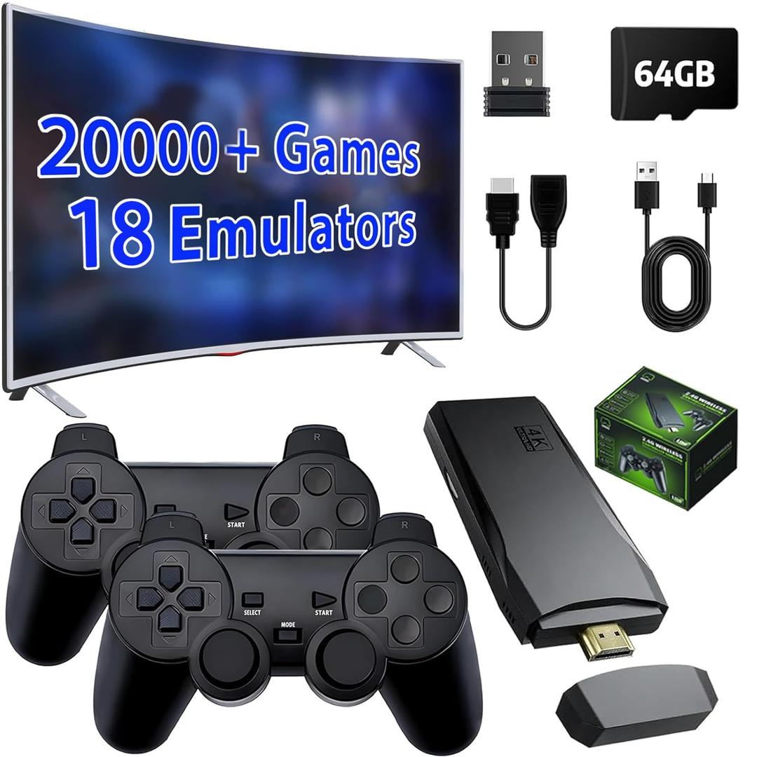 ZeroStory 2026 Upgrade Retro Game Console Stick, Retro Video Game Console Stick Built in 20000+ Games with 15 Emulators, 4K HDMI Output with 2 Pack 2.4G Controllers for Christmas gifts (64GB) (Glossy Black)