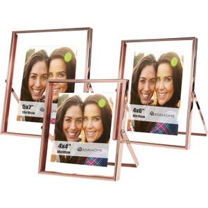 5x7, 4x6, 4x4 Floating Picture Frames with Glass, Metal Photo frames for Freestanding Tabletop Display, Set of 3 Rose Gold (MIX)