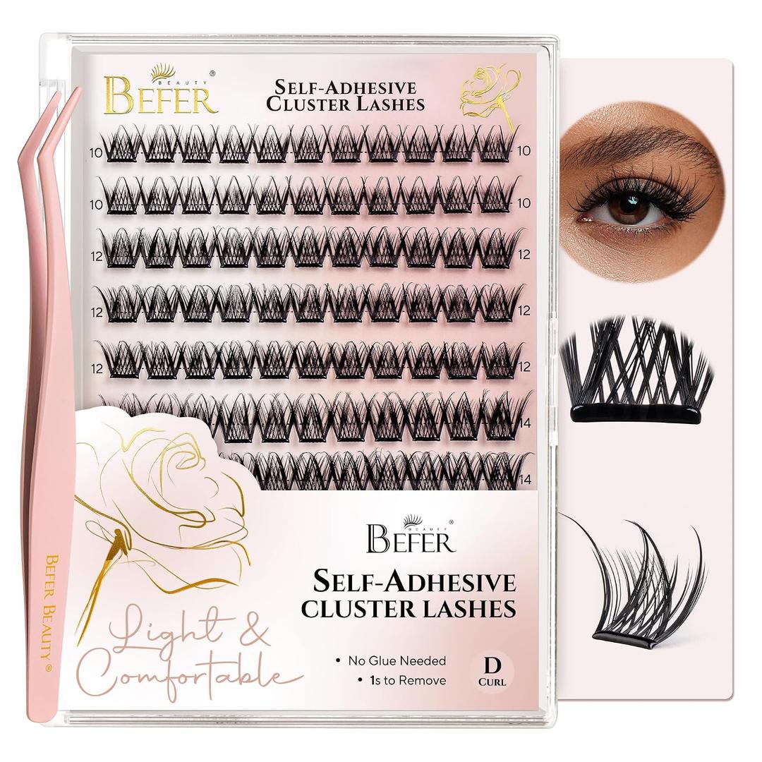 BEFER Self Adhesive Eyelashes Clusters Kit, D Curl 10-16MM Pre Glued Lash Natural Look No Glue No Remover Needed Reusable Lashes Press on Eyelash Clusters Easy for Use DIY at Home(MJ-Flare-Kit)