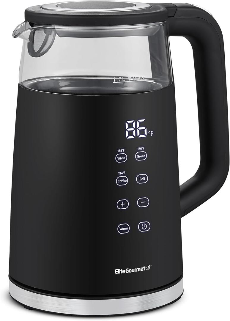 Elite Gourmet 1.7L Dual Wall Cool Touch Electric Tea Kettle, Borosilicate Glass, 304 Stainless Steel Interior, Programmed Digital Touchscreen, Keep Warm, Auto Off & Audible Indicator, Black (1.8 Quarts)