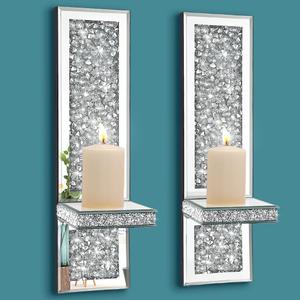 Pibeyer Crystal Crush Diamond Wall Candle Holder Set of 2, Silver Mirrored Candle Sconces, Home Wall Decoration for Living Room, Dining Room & Bedroom
