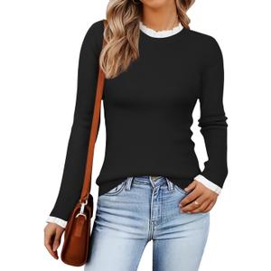 ZESICA Womens Long Sleeve Ruffle Sweaters 2026 Spring Crewneck Color Block Slim Fit Basic Casual Knit Pullover Sweater Tops (Black, L)