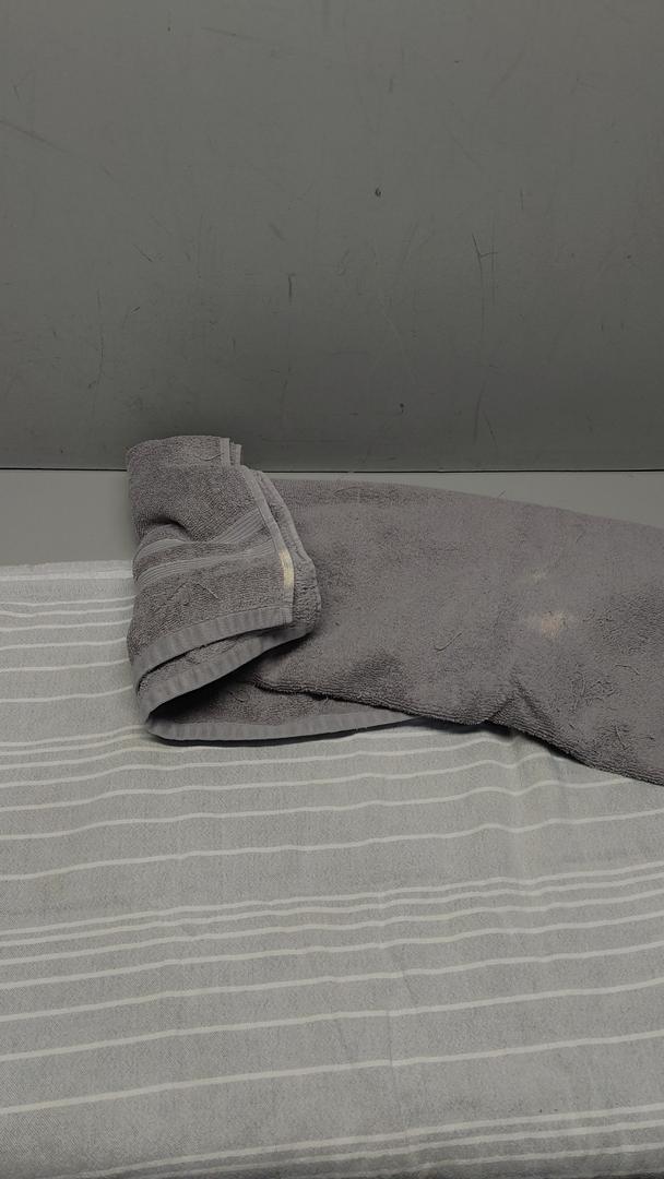 Two Gray Towels One Dark Dray And The Second One Light Gray With White Stripes 30x70 Inches