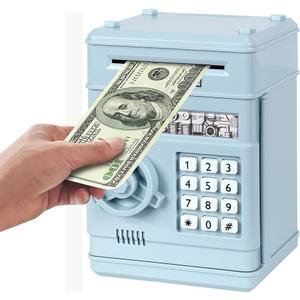 Electronic Piggy Bank, Mini ATM Password Money Bank Cash Coins Saving Box for Kids, Cartoon Safe Bank Box Perfect Toy Gifts for Boys Girls (Light Blue)