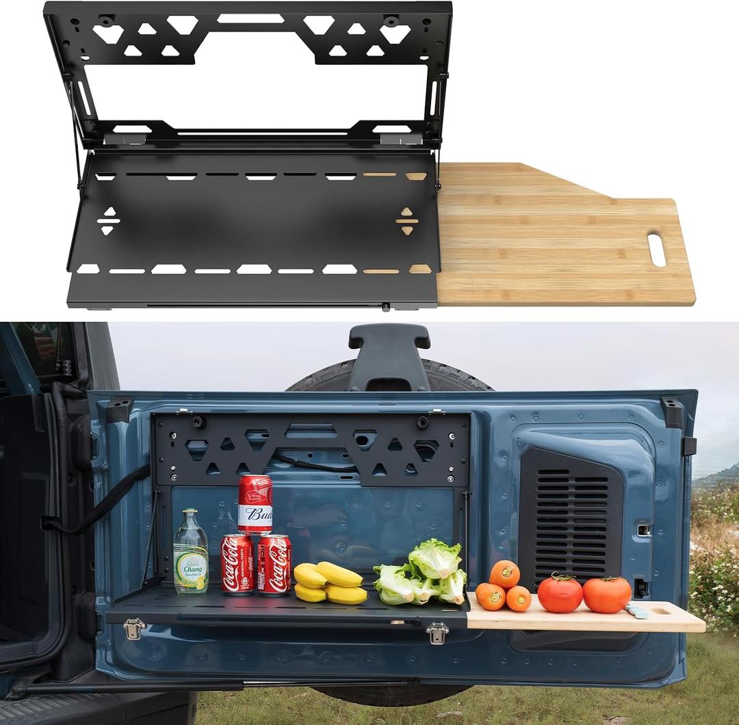 Bronco Tailgate Table for 2021-2026 Ford Bronco 2/4 Door, Foldable Rear Cargo Table & Shelf Storage with Extra Solid Bamboo Extension Board, No-Drill Install, Camping Overlanding Bronco Accessories