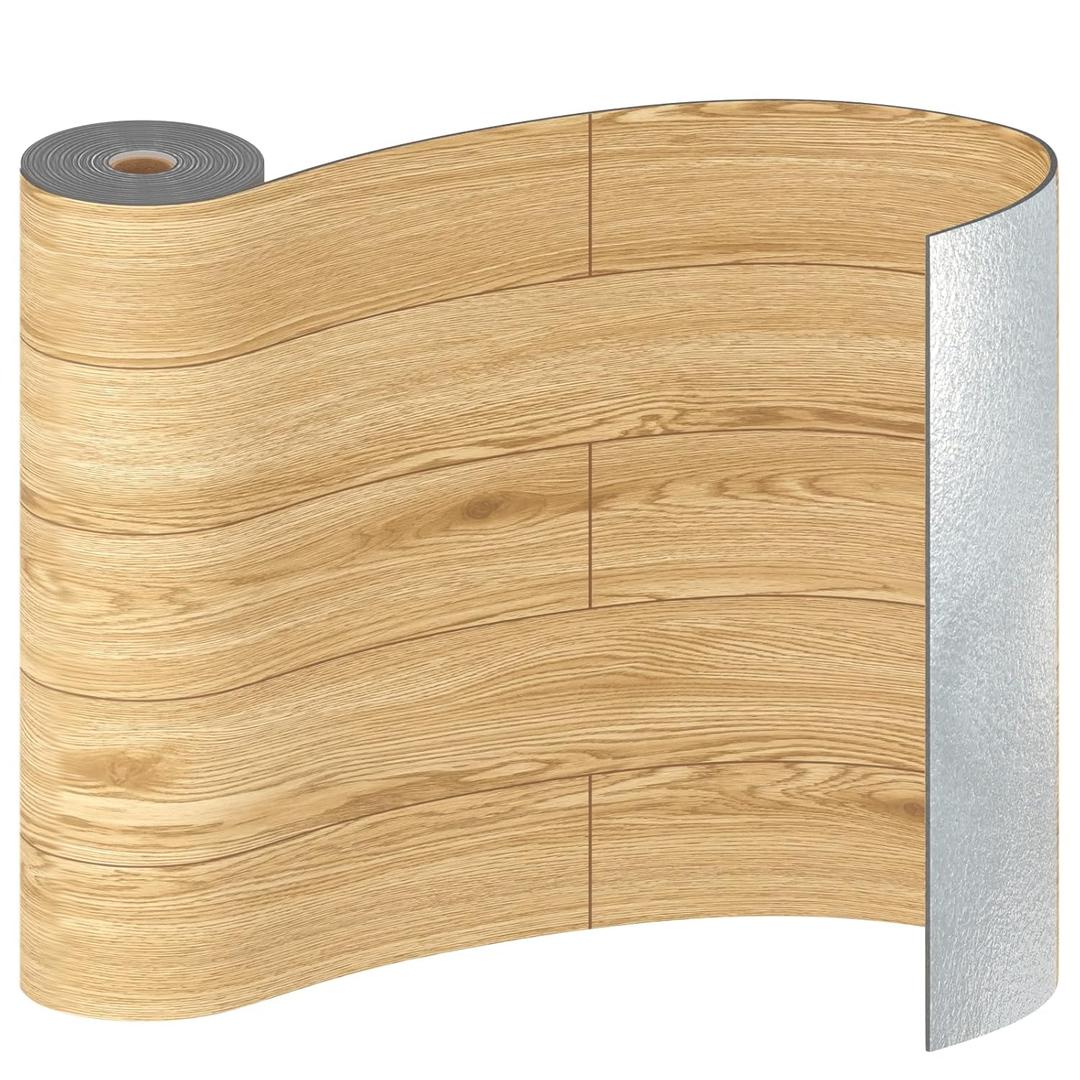 Freshtour Vinyl Flooring Roll, Wood Grain Peel and Stick Floor Tiles 23.6"x 393.7"/64 Sq.Ft, Wear-Resistant and Waterproof Vinyl Plank Flooring for Bedroom Living Room Kitchen RV Office, Nature Wood